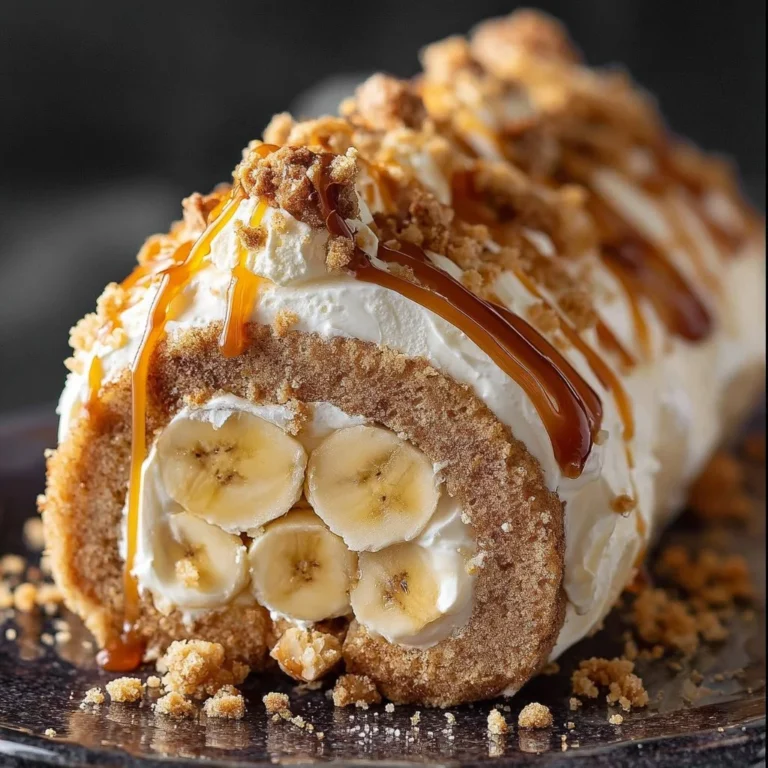 Banana Caramel Roulade dessert topped with caramel sauce and banana slices.