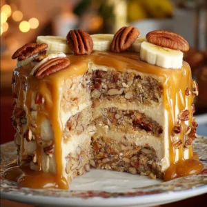 Delicious Banana Pecan Caramel Layer Cake with rich caramel and pecans