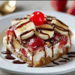 Delicious Banana Split Dump Cake served with whipped cream and cherries.