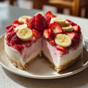 Delicious Banana-Strawberry Cheesecake topped with fresh bananas and strawberries.
