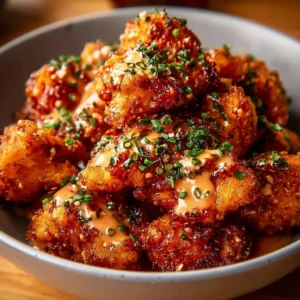 Plate of Bang Bang Chicken garnished with green onions and sesame seeds