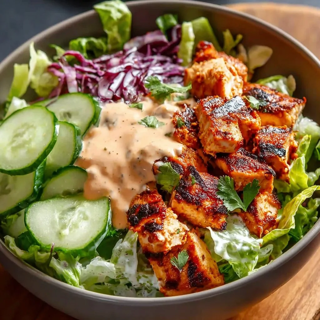 Delicious Bang Bang Chicken Bowl with spices, chicken, and fresh vegetables.