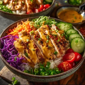 Delicious Bang Bang Chicken Bowl with vibrant vegetables and spicy sauce