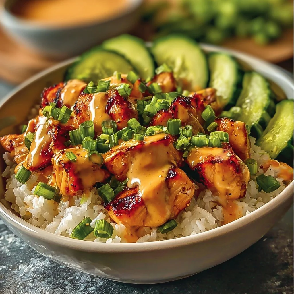 Delicious Bang Bang Chicken Bowl topped with spicy sauce and fresh ingredients.
