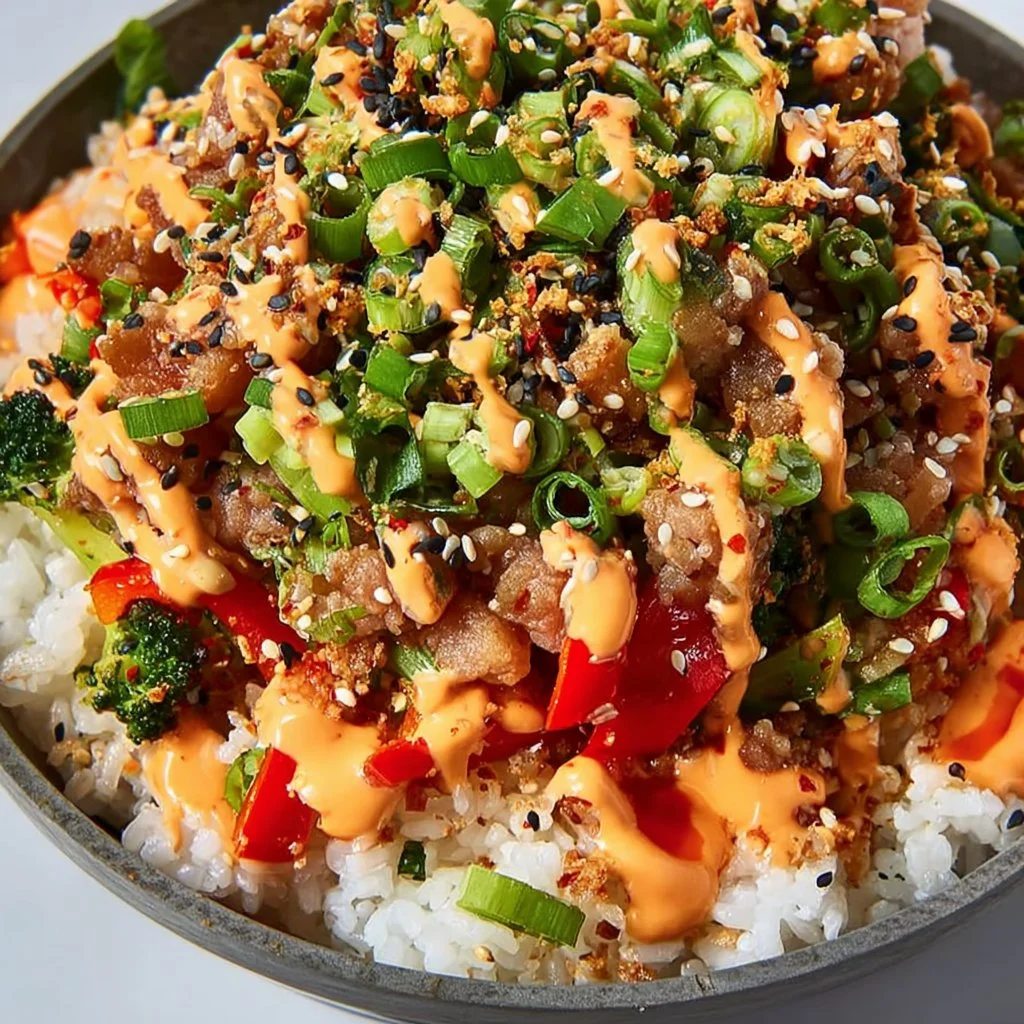 Bang Bang Ground Turkey Rice Bowls topped with vegetables and sauce