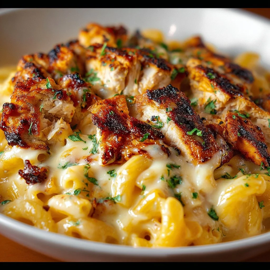 Delicious BBQ Chicken Mac and Cheese served in a bowl, topped with cheese.