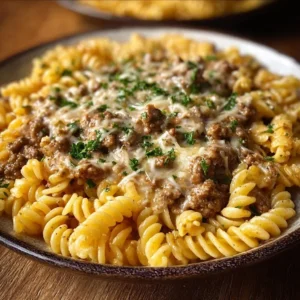 Beef and Rotini in Garlic Parmesan Sauce served in a bowl