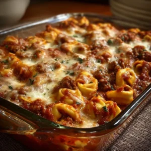 Delicious Beef & Cheese Tortellini Bake topped with melted cheese and herbs