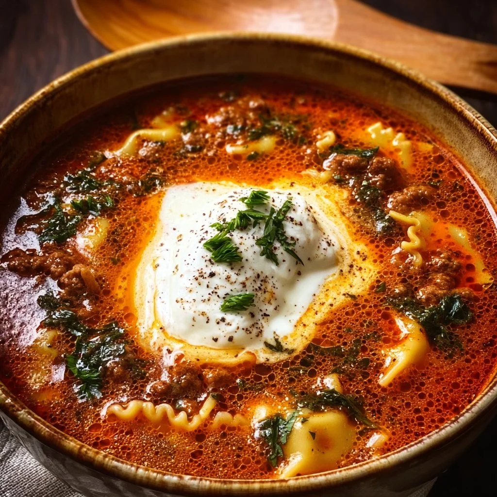 Delicious one-pot lasagna soup in a bowl topped with cheese and herbs