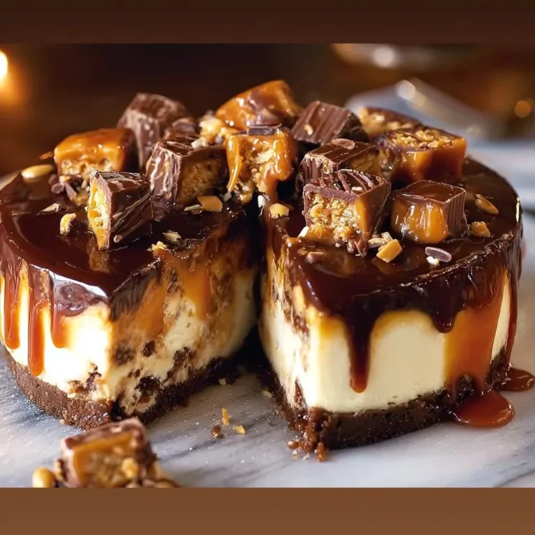 Delicious no bake Twix cheesecake topped with chocolate and caramel.
