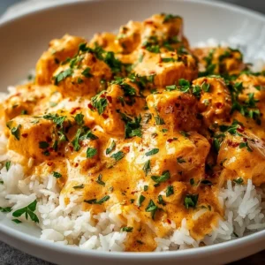 Delicious smothered chicken served over rice, garnished and ready to enjoy.