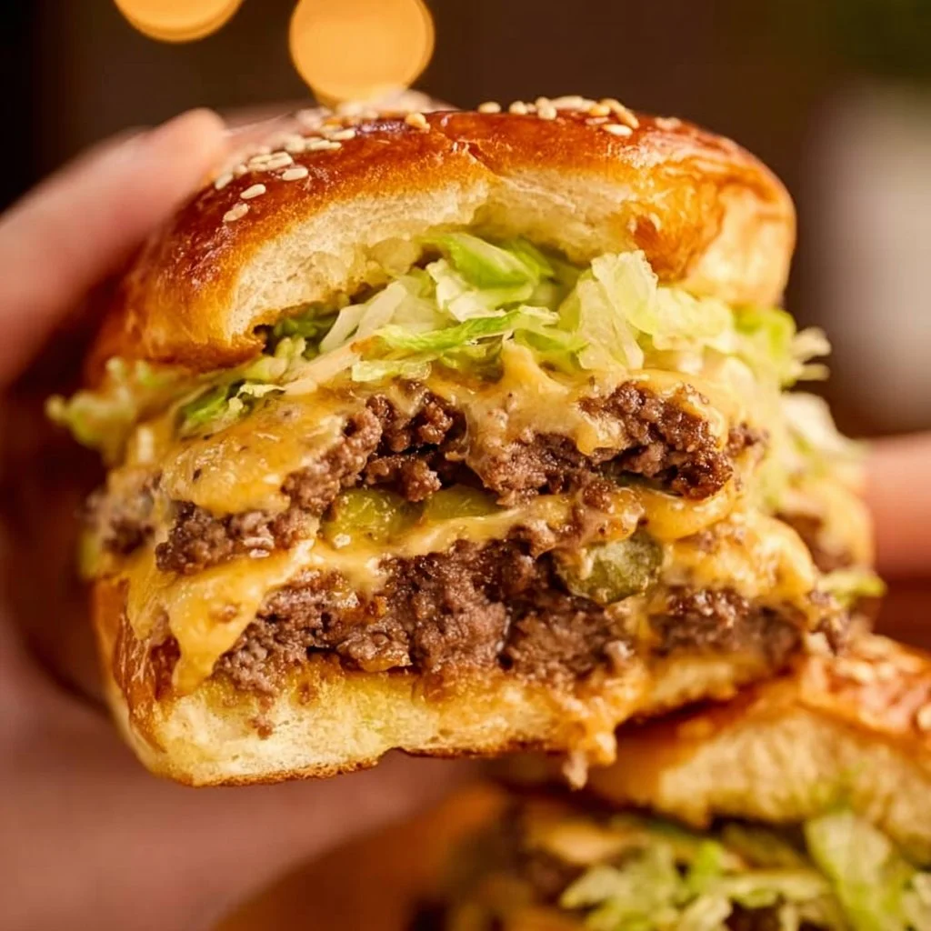 Delicious Big Mac Sliders served with lettuce, cheese, and sesame seed buns.