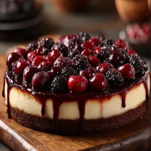 Delicious slice of Black Forest Cheesecake topped with cherries and cream