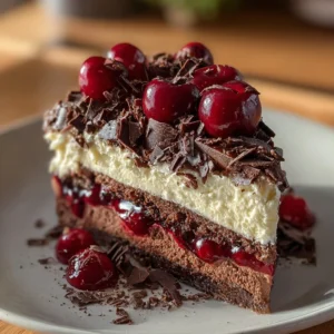 Delicious slice of Black Forest Cheesecake topped with cherries and chocolate shavings