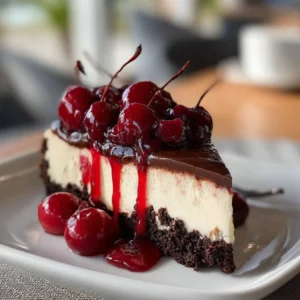 Decadent Black Forest Cheesecake with layers of chocolate, cherries, and whipped cream.
