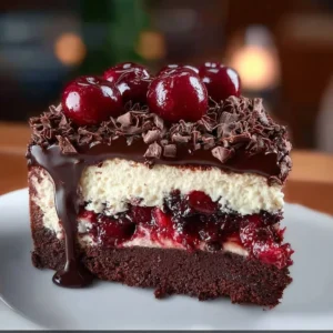 Delicious Black Forest Cheesecake with cherries and chocolate layers