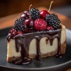 Slice of Black Forest Cheesecake Symphony topped with cherries and chocolate shavings