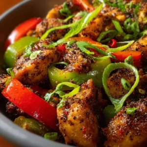 Plate of Black Pepper Chicken with vegetables and rice