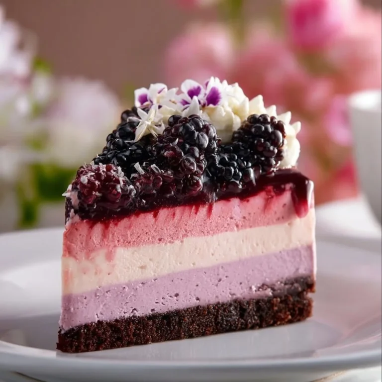 Slice of Blackberry Bliss Cheesecake topped with fresh blackberries and mint