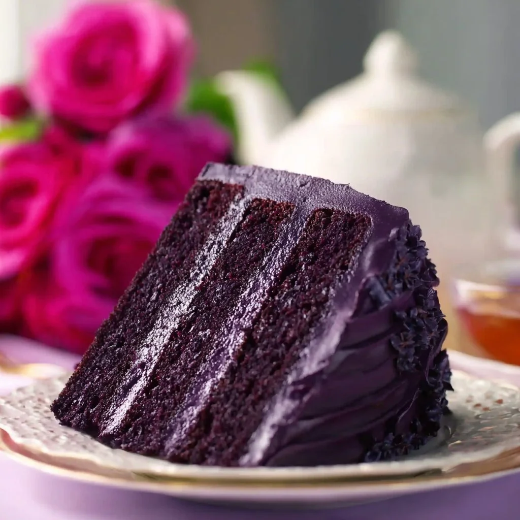 Delicious slice of blackberry velvet cake with creamy frosting