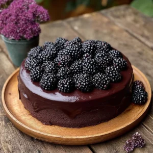 Decadent Blackberry Velvet Gothic Cake topped with fresh blackberries and cream.