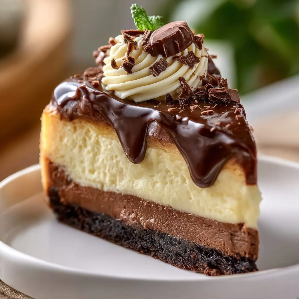 Boston Cream Pie Cheesecake with chocolate glaze and vanilla cream layers.