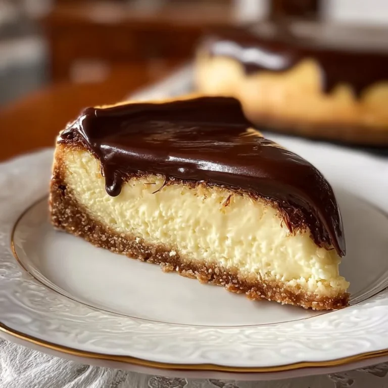 Delicious Boston Cream Pie Cheesecake topped with chocolate and whipped cream.