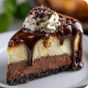 Boston Cream Pie Cheesecake with chocolate ganache and custard filling