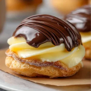 Boston Cream Pie Cookie Bites with chocolate frosting and creamy filling on a plate