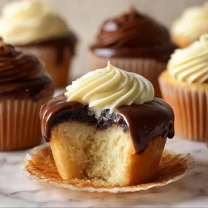 Boston Cream Pie Cupcakes topped with chocolate ganache and custard filling