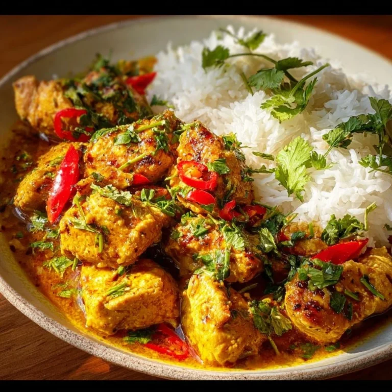 A delicious plate of Brazilian Coconut Chicken garnished with fresh herbs.