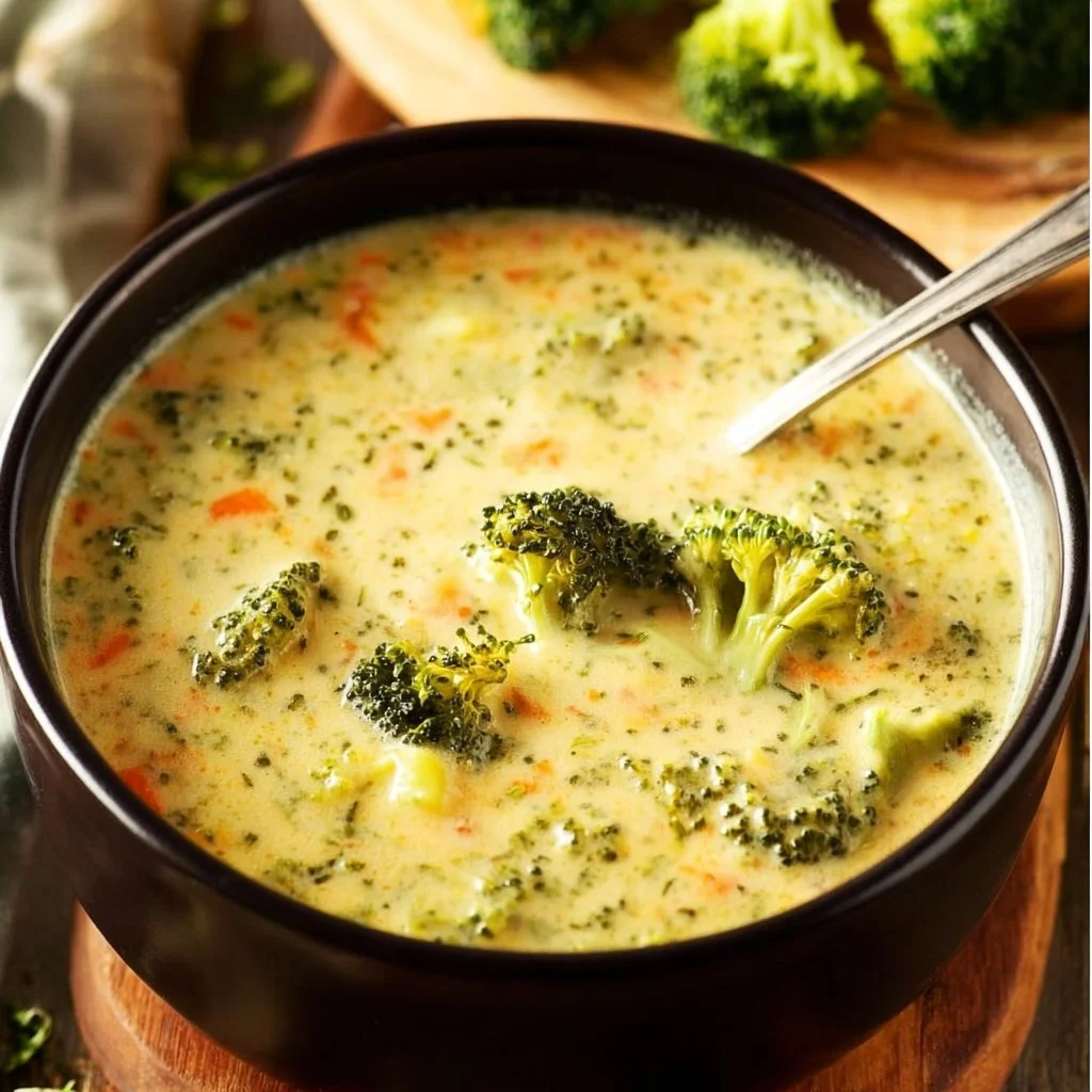 Bowl of creamy broccoli cheddar soup garnished with fresh herbs