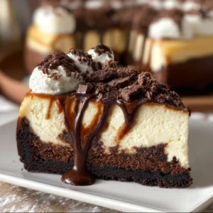 Delicious brownie sundae cheesecake topped with whipped cream and chocolate sauce.