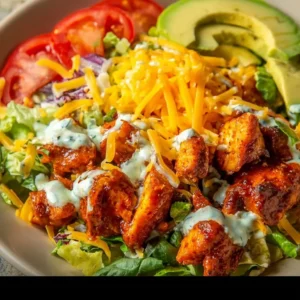 Buffalo Chicken Bowl featuring spicy chicken, rice, and fresh veggies