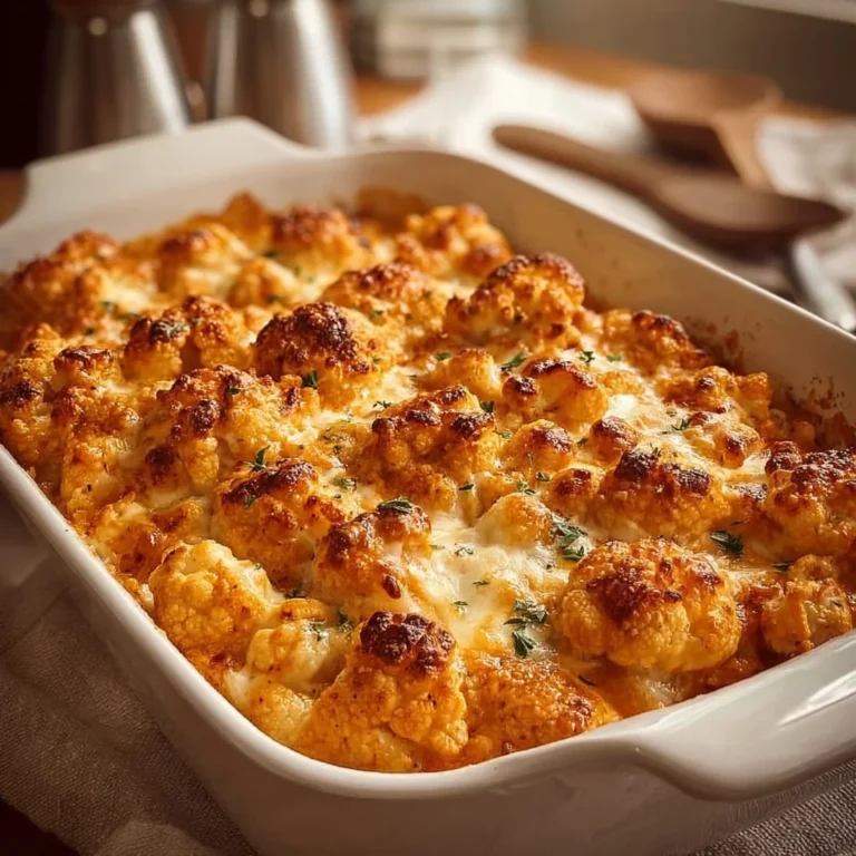 Buffalo chicken cauliflower casserole topped with cheese, served in a baking dish.