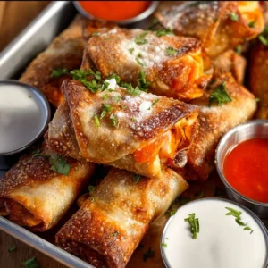 Buffalo chicken egg rolls served with dipping sauce