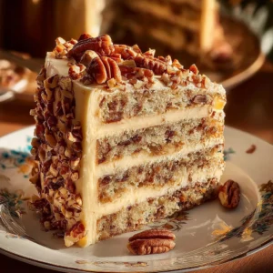 Delicious homemade Butter Pecan Cake with nuts and creamy frosting