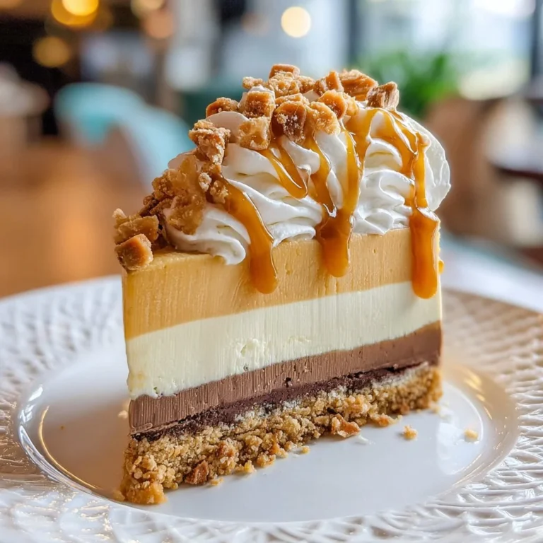 Delicious Butterbeer Cheesecake topped with whipped cream and caramel drizzle.
