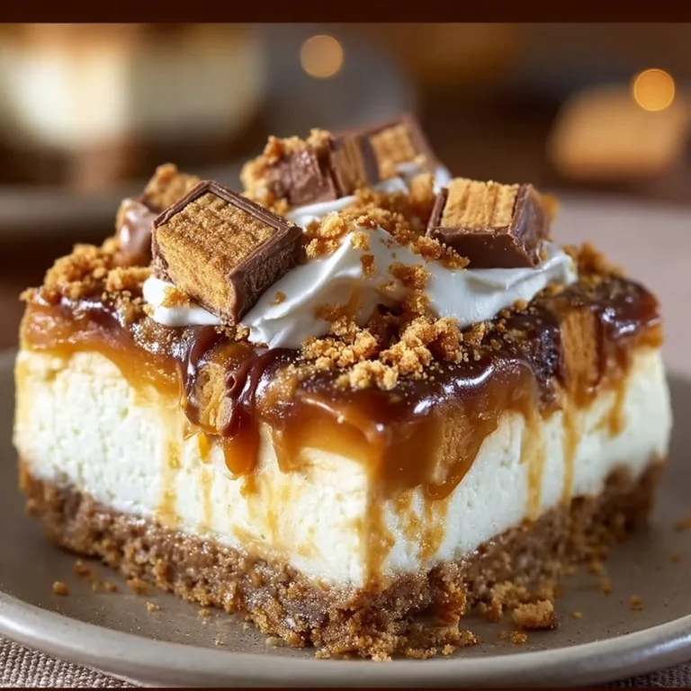 Delicious Butterfinger Cheesecake with caramel topping