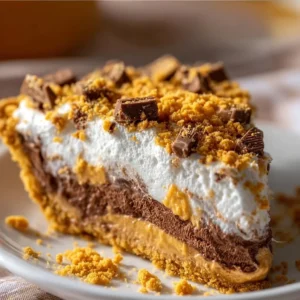 Delicious Butterfinger Pie topped with chocolate and crushed Butterfinger candy