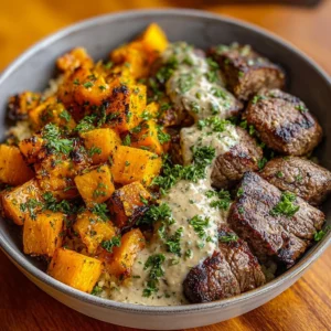 Butternut Squash and Garlic Herb Steak Bowls served in a vibrant dish