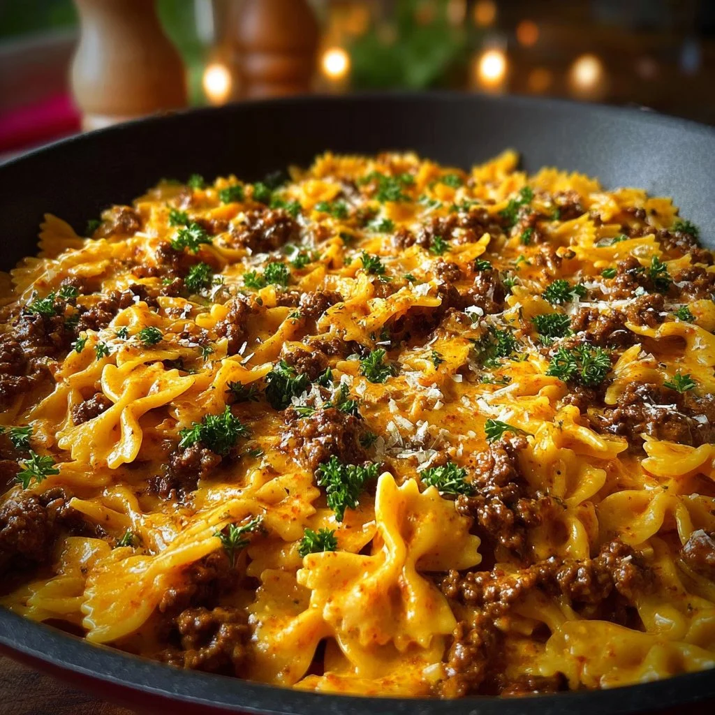 Cajun Cream Cheese Alfredo Bowties with Spiced Ground Beef