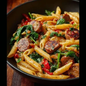 Delicious Cajun Sausage Pasta served in a bowl with colorful peppers and spices