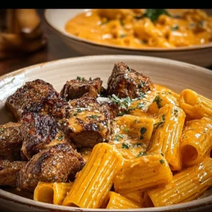 Cajun Steak Tips served with creamy cheesy rigatoni on a plate