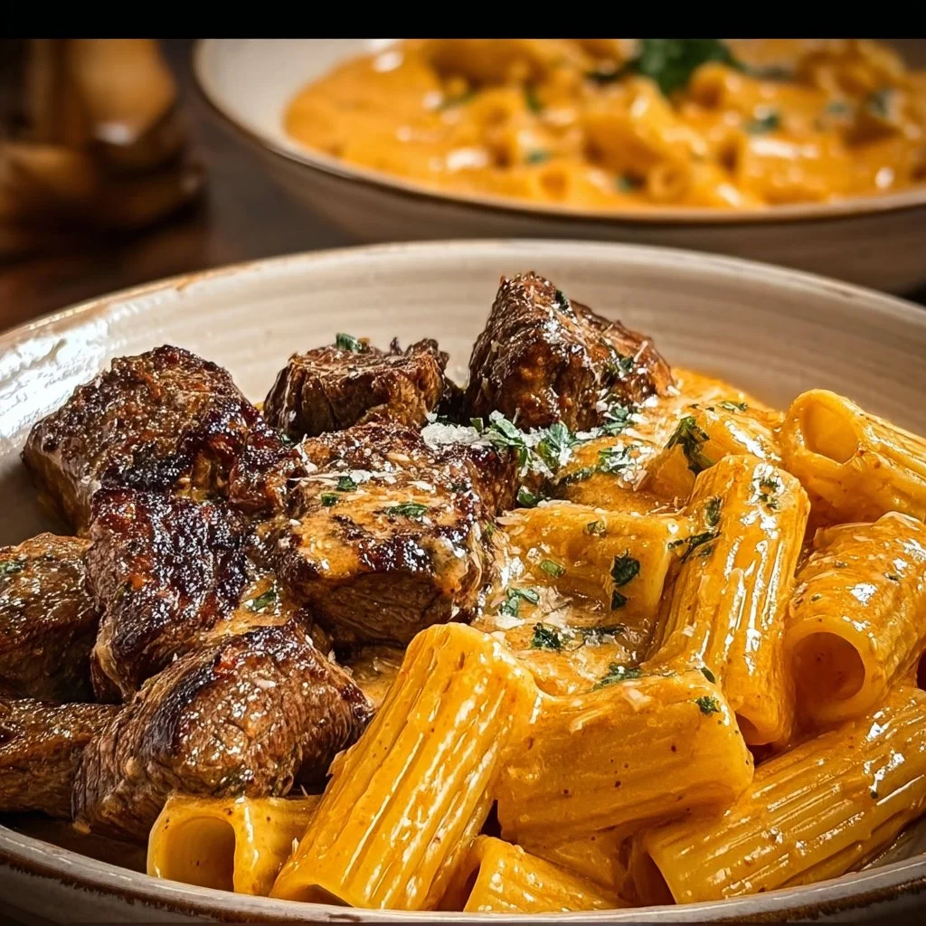 Cajun Steak Tips served with creamy cheesy rigatoni on a plate