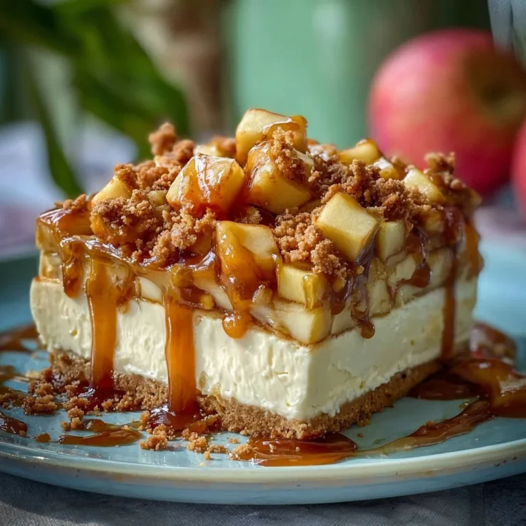 Deliciously layered Caramel Apple Cheesecake with caramel drizzle and apple slices
