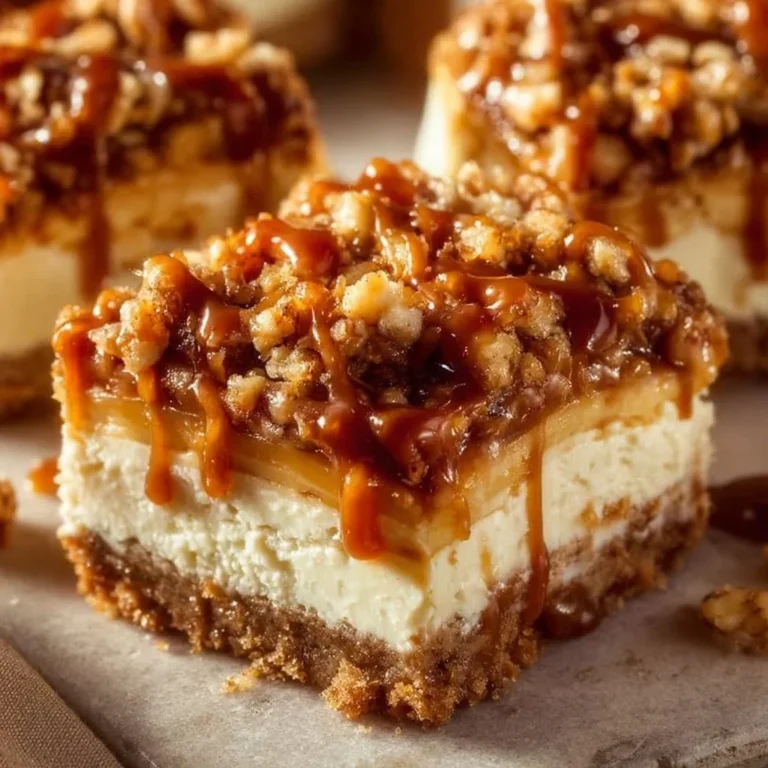 Delicious caramel apple cheesecake bars topped with caramel drizzle and apple slices.