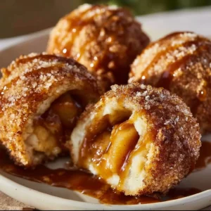 Delicious caramel apple pie bombs served with a gooey caramel drizzle.
