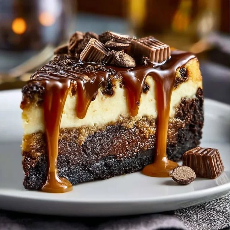 Delicious Caramel Brownie Cheesecake topped with rich caramel drizzle.