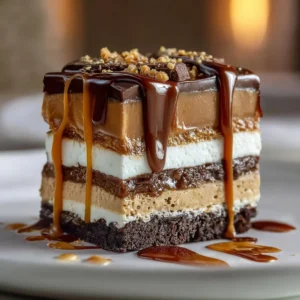 Delicious Caramel Brownie Cheesecake with a chocolate drizzle